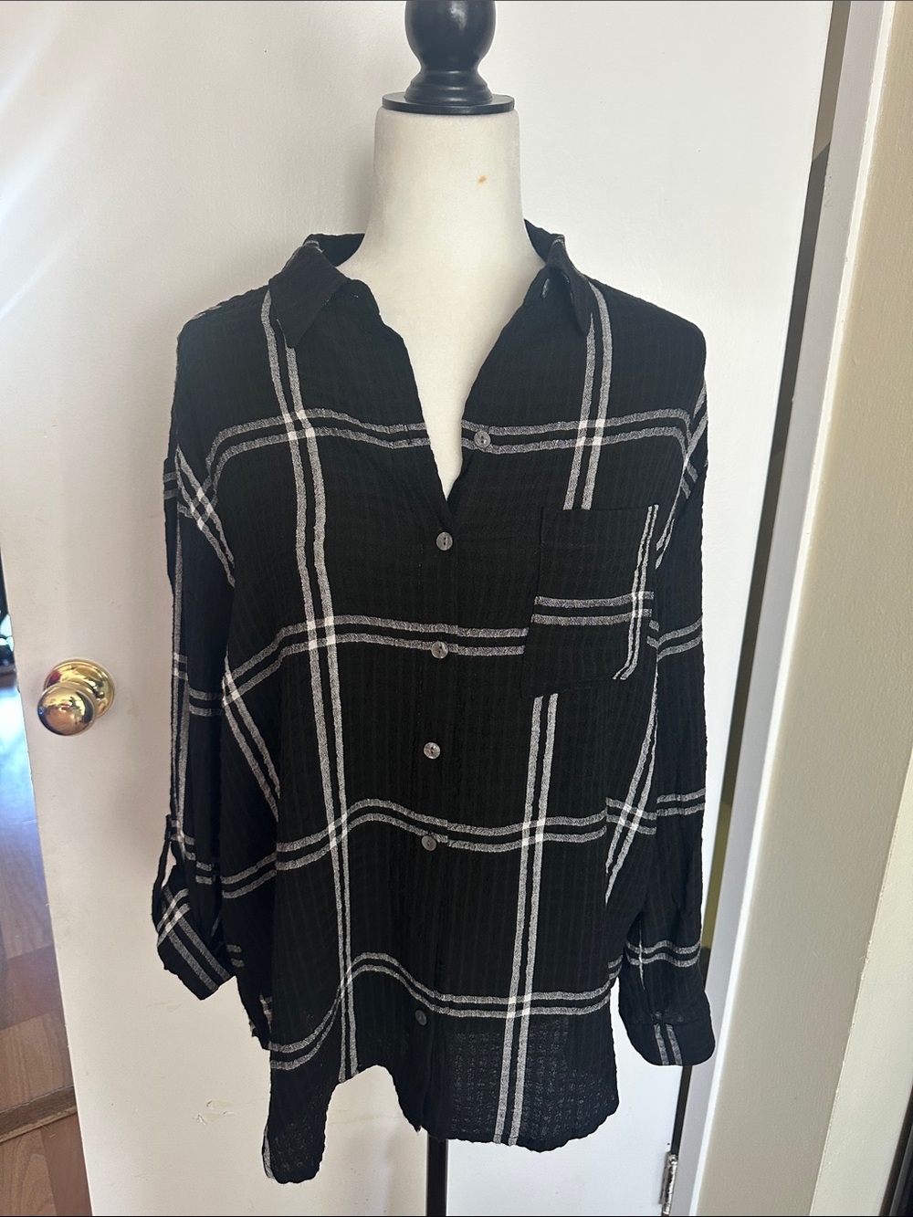 Jane and Delancey Black and White Plaid Button-Down Shirt